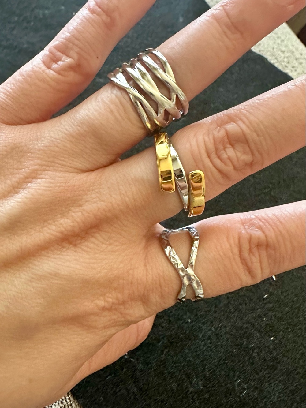 Three Stainless Steel Rings in silver and gold tones (set of 3)
